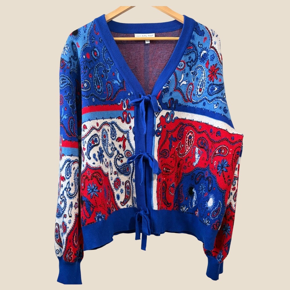 Never Fully Dressed oversized knitted cardigan in blue Bandana Print Tie Front